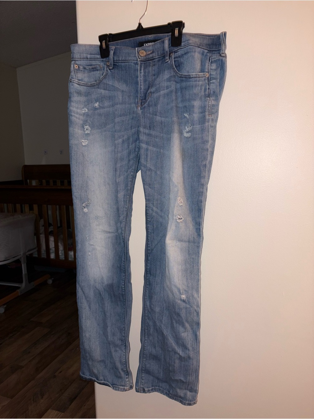Express Light Blue Women's Boot Cut Jeans with Distressed Accents
